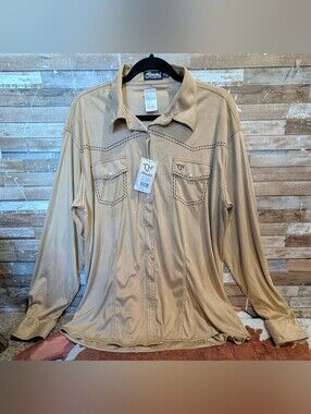 NWT Cowgirl Hardware Faux Suede Buckskin Color Button Down W Crystal Snaps